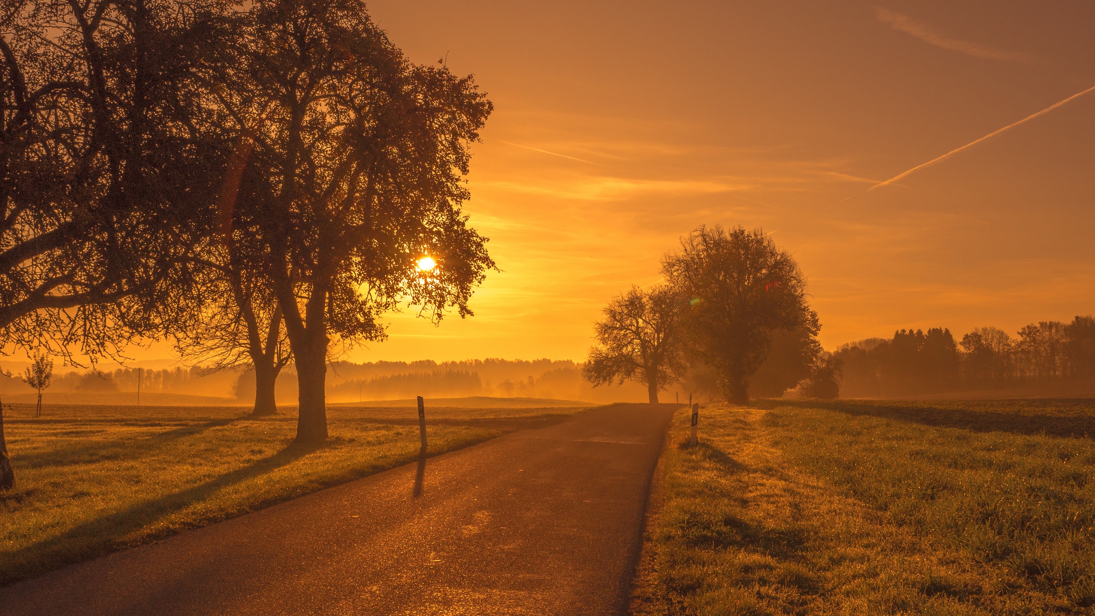 Wallpaper 4k Scenic Road Sunrise Sunset Trees Meadow Wallpaper