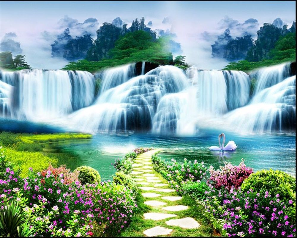 Flower Waterfall Trees Wallpaper