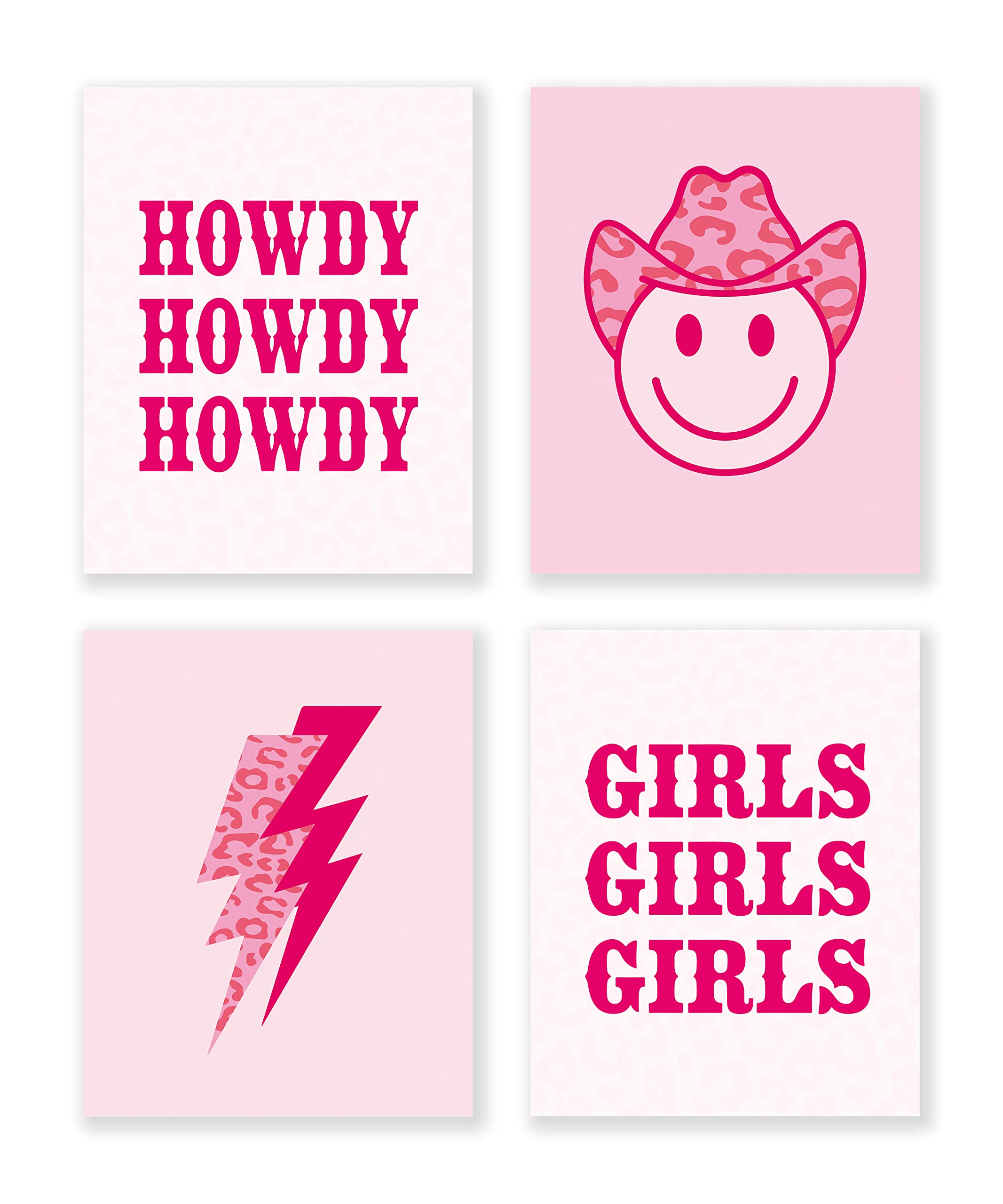 LiTiu Smiley Face Cowgirl Hat Howdy Lightning Hot Pink Preppy Wall Art Poster Prints Decor, 8”x10”Set Of Preppy Artwork Teen Girls Gifts For Bachelorette Party, Decorations For Girls Room: Posters