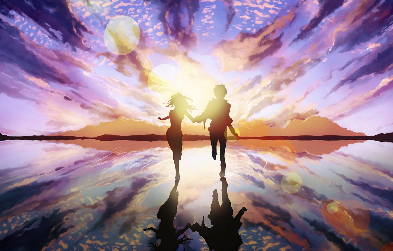 Wallpaper girl, the sun, love, art, pair, love, guy, the ripples on the water, two, art, couple, run, holding hands image for desktop, section ситуации