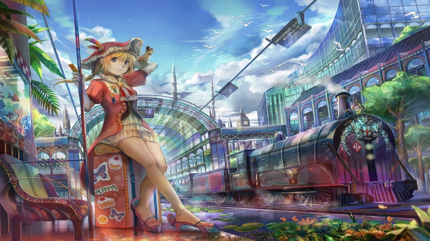 anime, Train Station, Railway, Train, Birds, Skyscraper Wallpaper HD / Desktop and Mobile Background