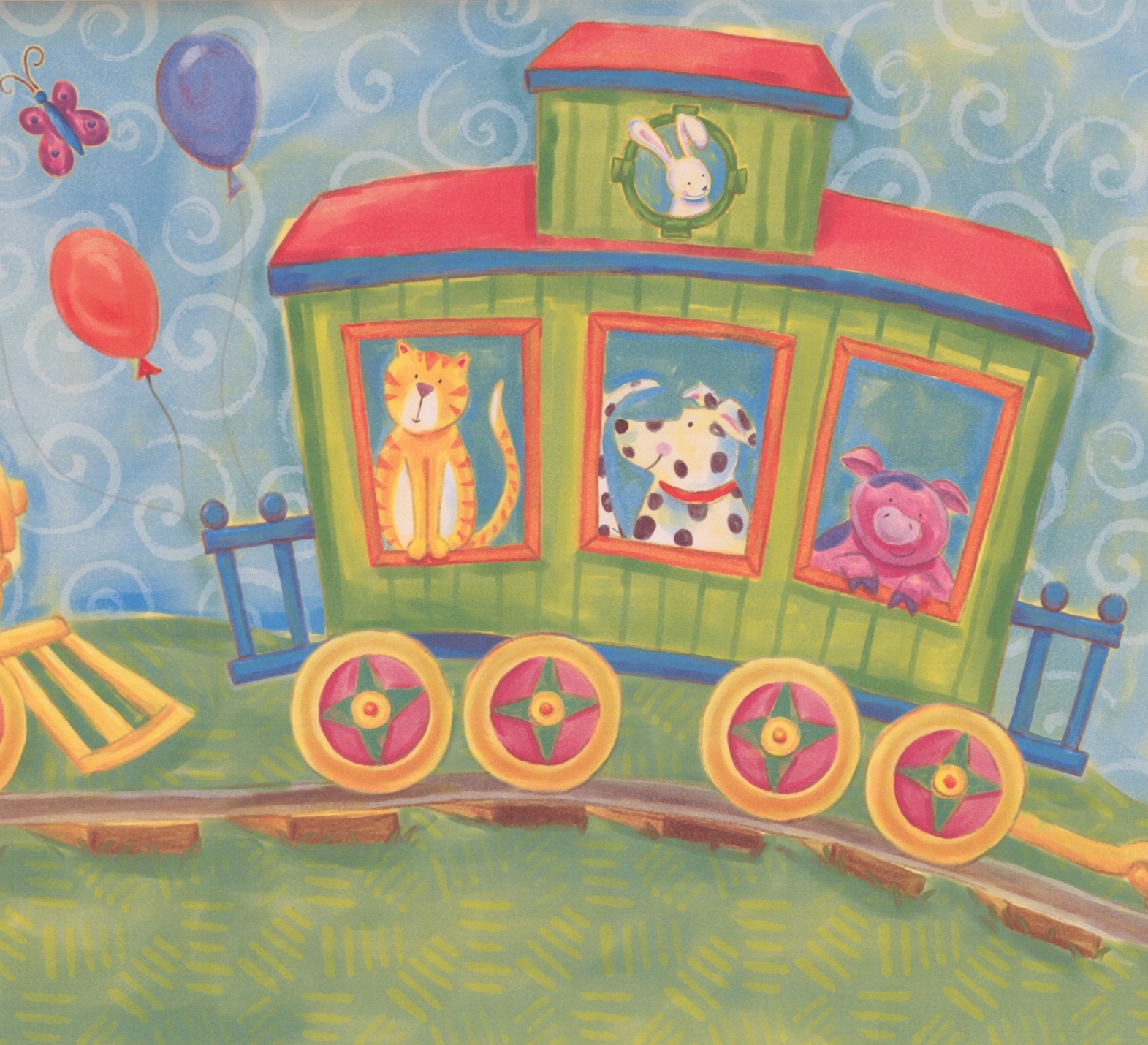 Retro Art Kids Cartoon Animals on Train Wallpaper. Lowe's Canada