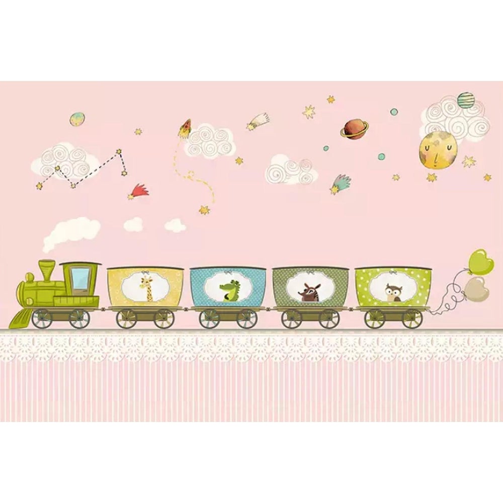 Animal Train Cartoon Planet Drawing Nursery Removable Textured Wallpaper Sale