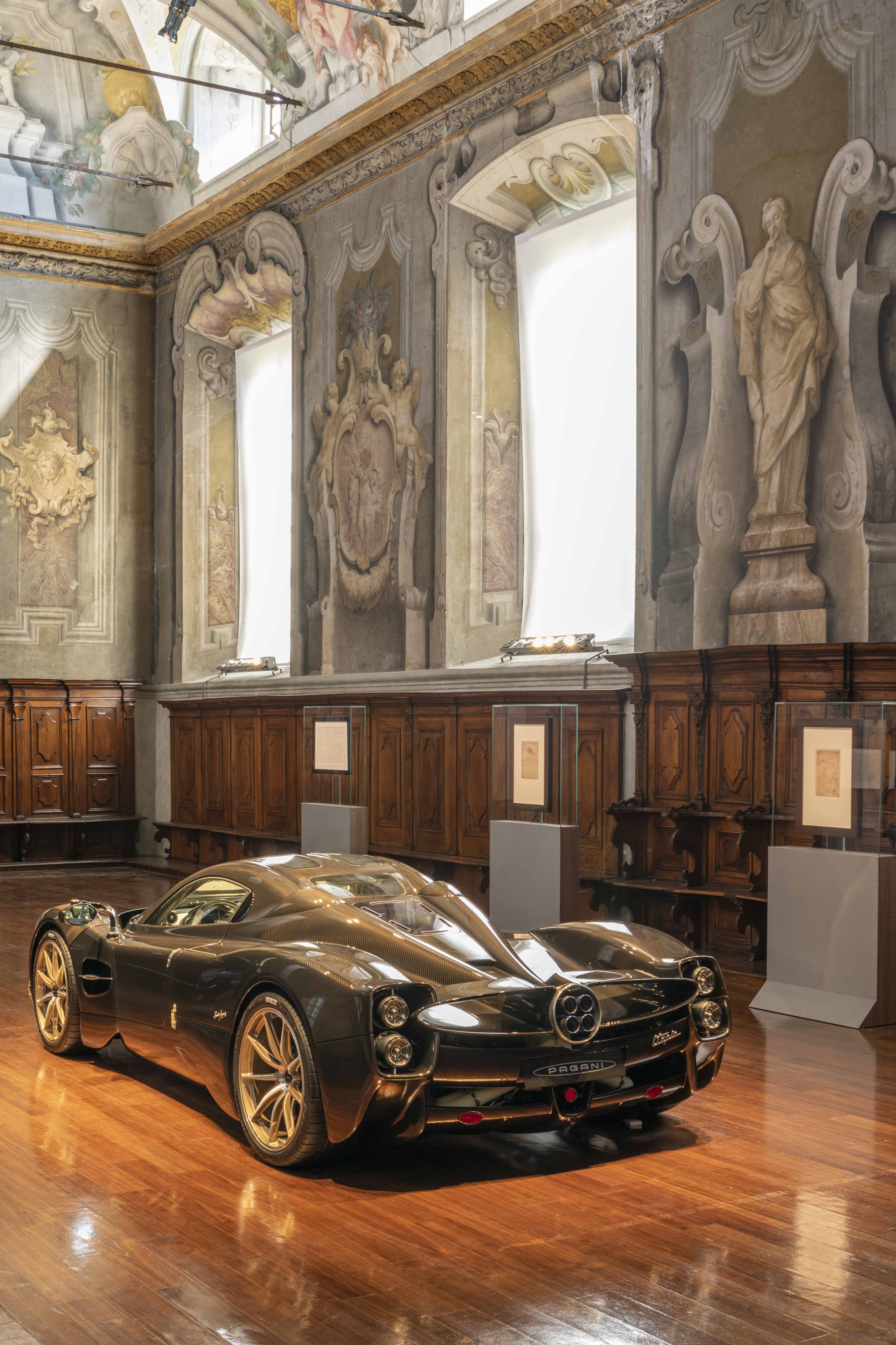 Pagani Utopia unveiled at the National Science & Technology Museum in Milan surrounded by original drawings by Leonardo da Vinci