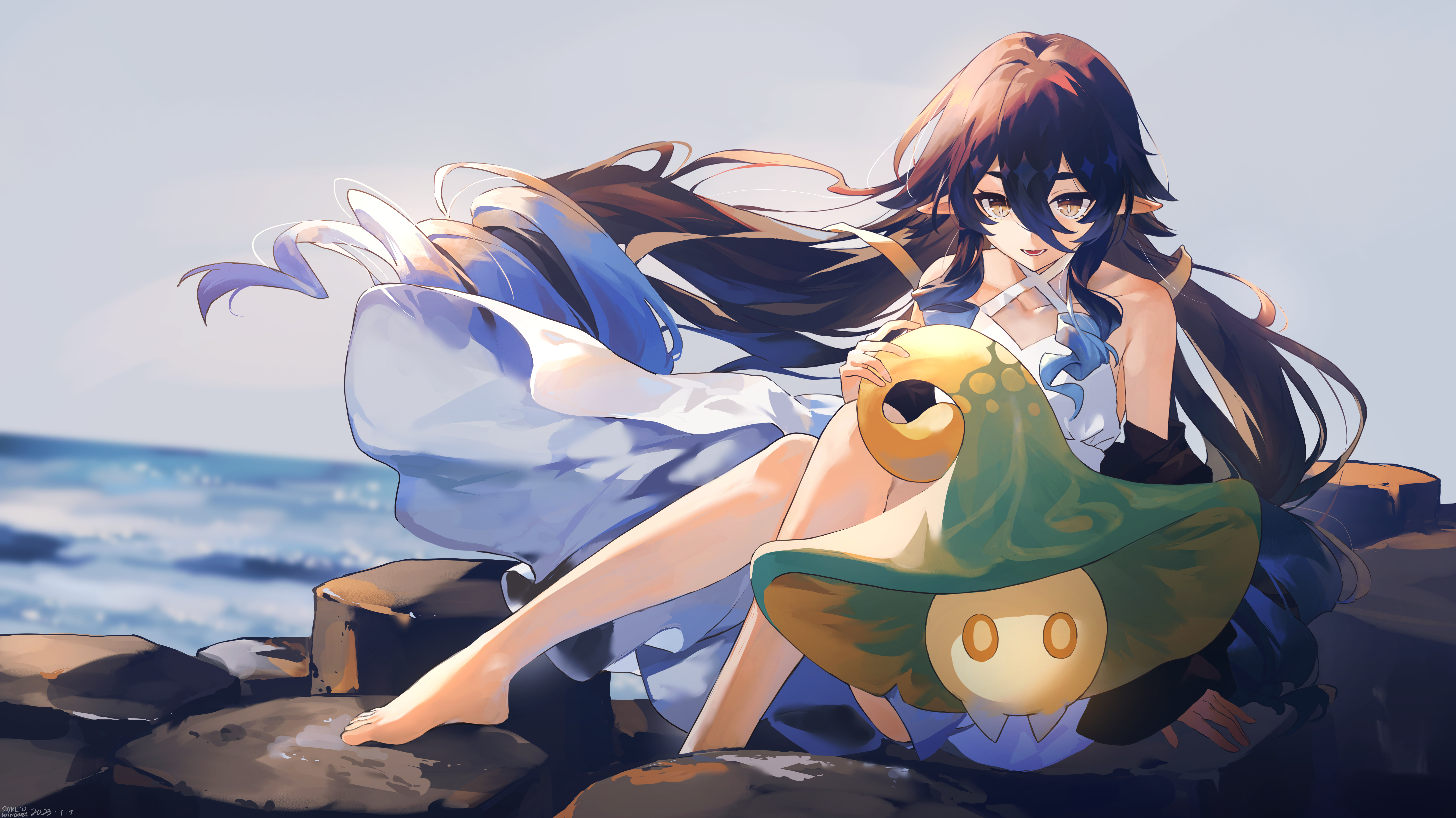 Wallpaper, Genshin Impact, artwork, Layla Genshin Impact, black hair, white dress, pointy ears, elf girl, sea, SWKL 6400x3600