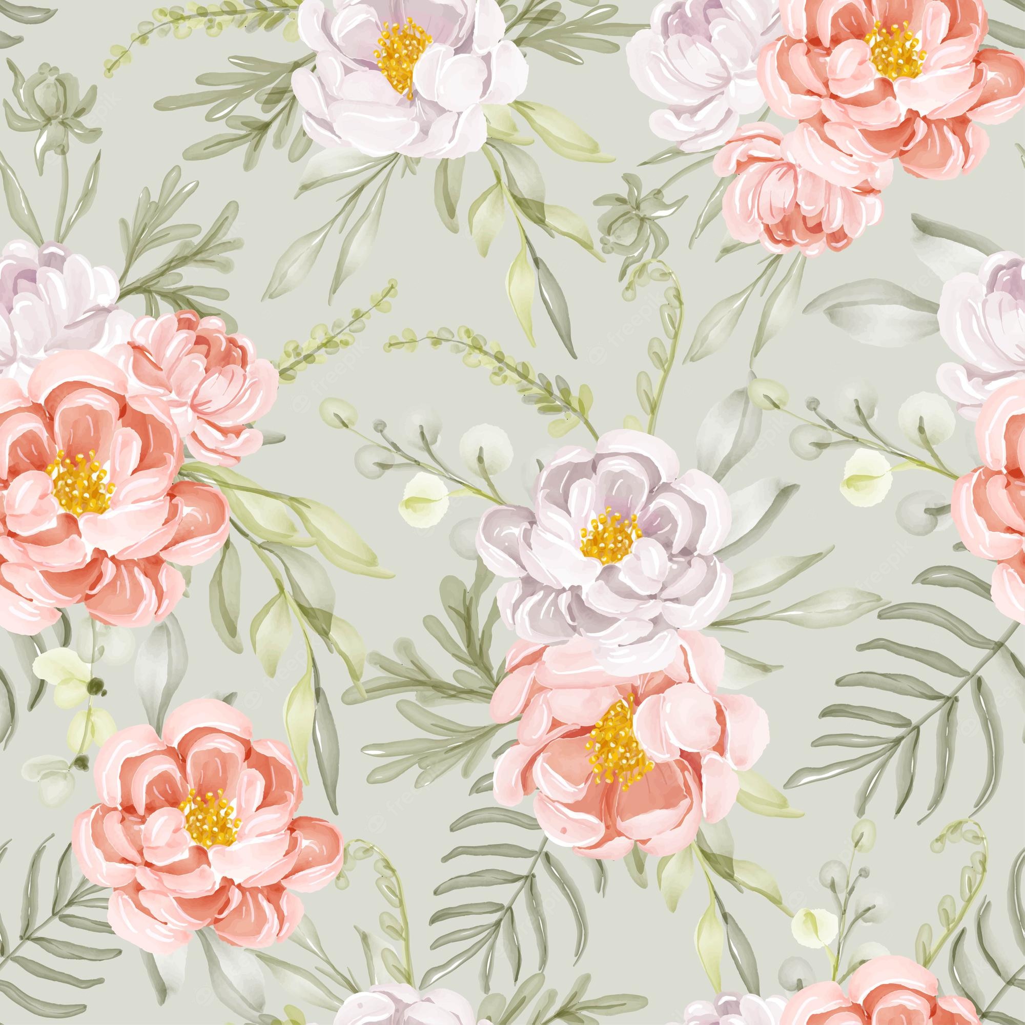 Free Vector. Seamless pattern with spring flowers peach white and leaves