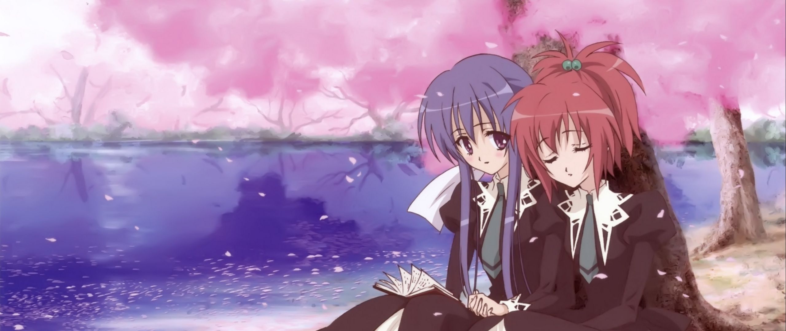 Download wallpaper 2560x1080 girl, petals, water, book, spring dual wide 1080p HD background