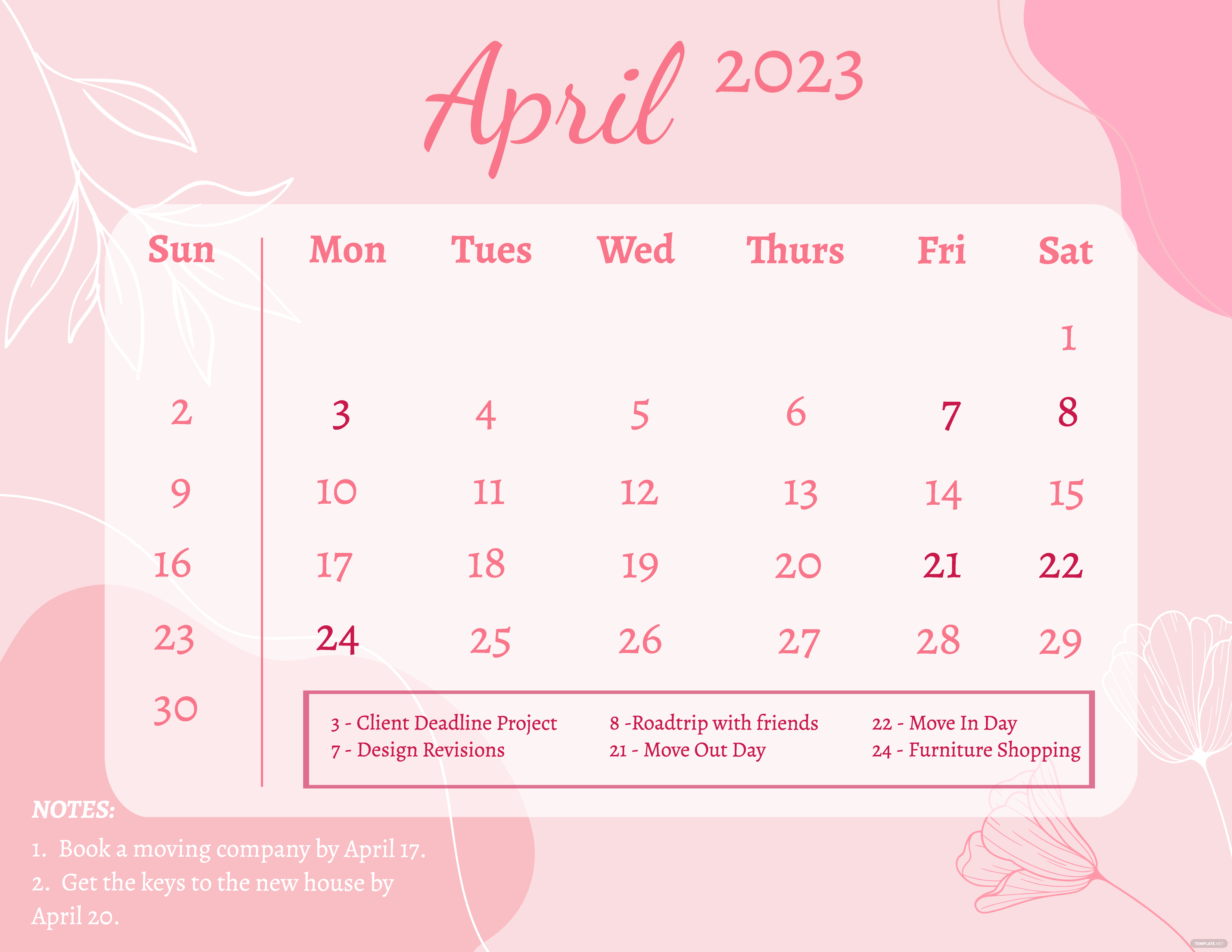 Pink April 2023 Calendar Docs, Illustrator, Word, Apple Pages, PSD