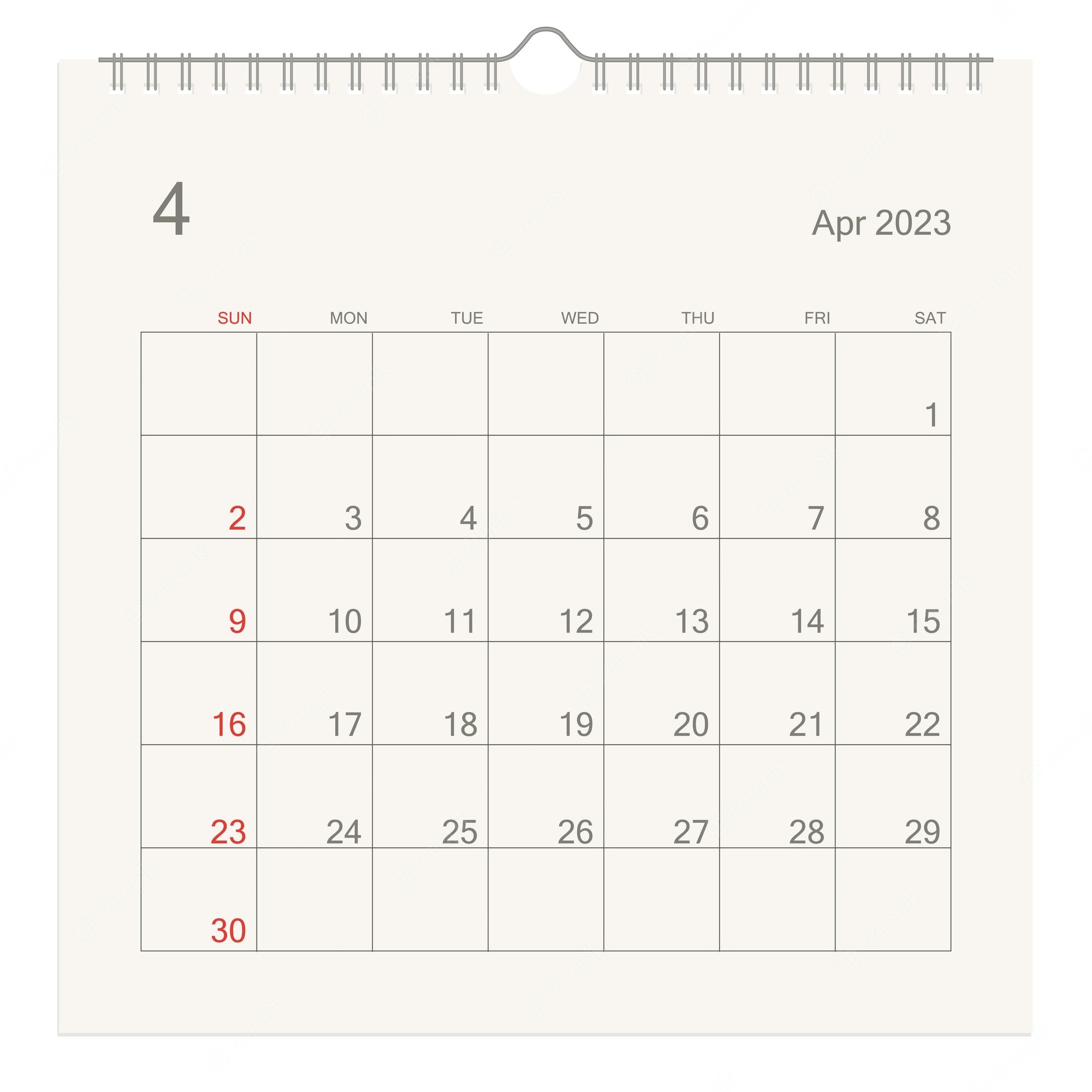Premium Vector. April 2023 calendar page on white background calendar background for reminder business planning appointment meeting and event week starts from sunday vector