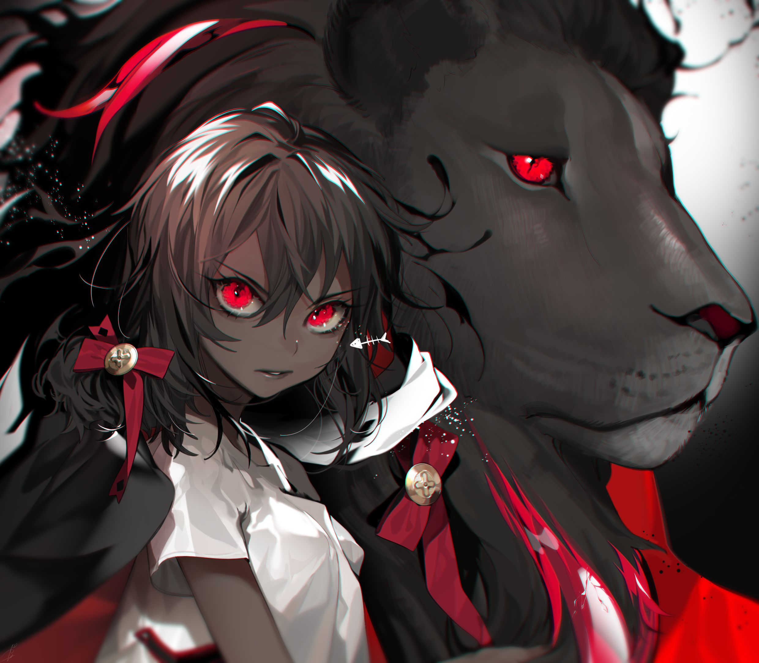 Wallpaper, anime girls, ohisashiburi, lion, looking at viewer, red eyes, short hair, dark skin 2480x2169