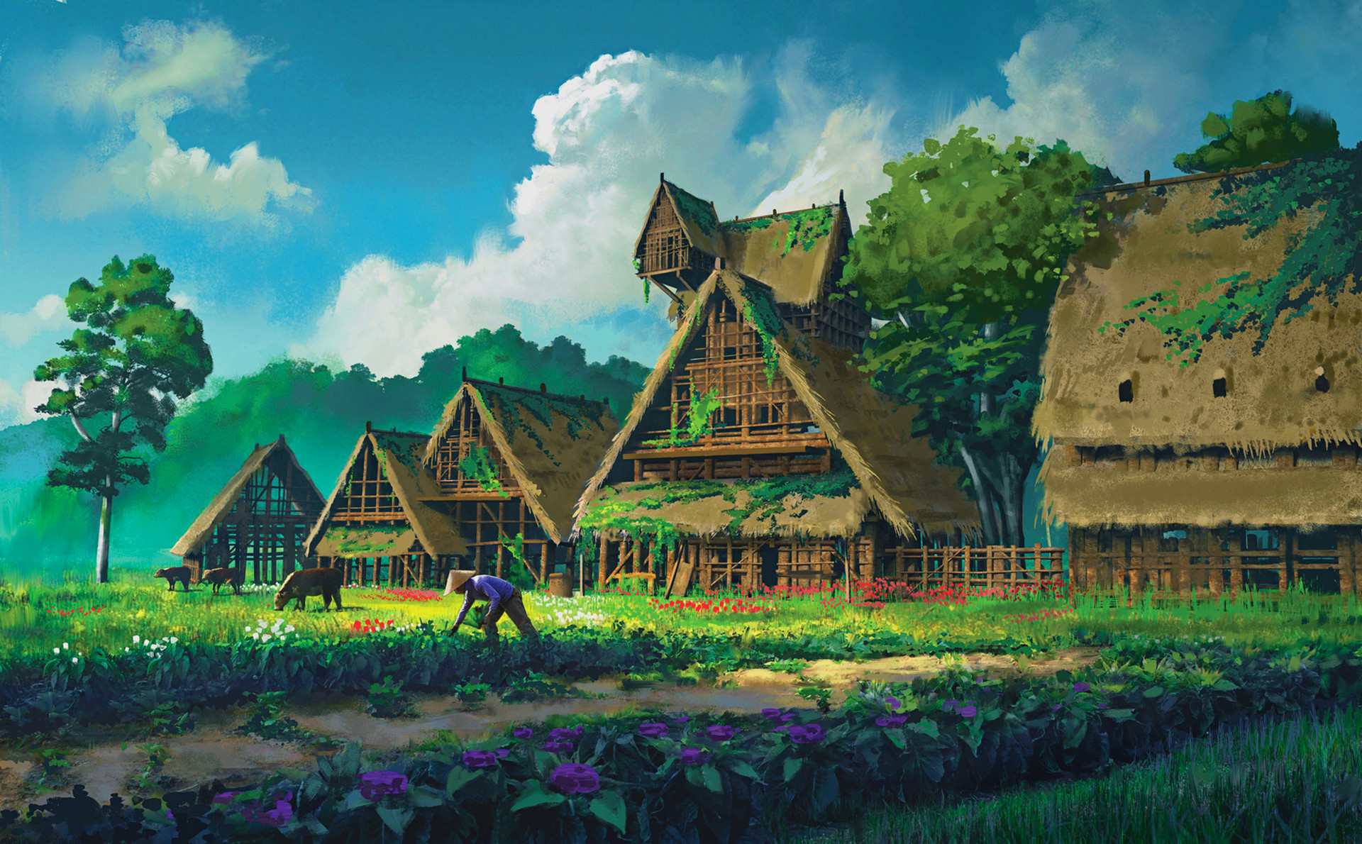 artwork, digital art, landscape, farm, farmers Gallery HD Wallpaper