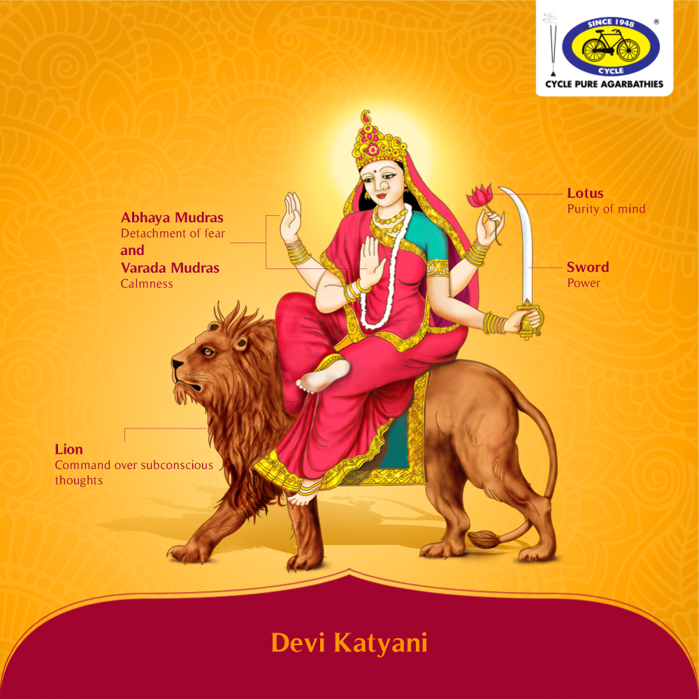 Here's the symbolism of the attributes of Goddess Katyayani that you may not have known. #PureDevotion. Hindu gods, Navratri devi image, Happy navratri