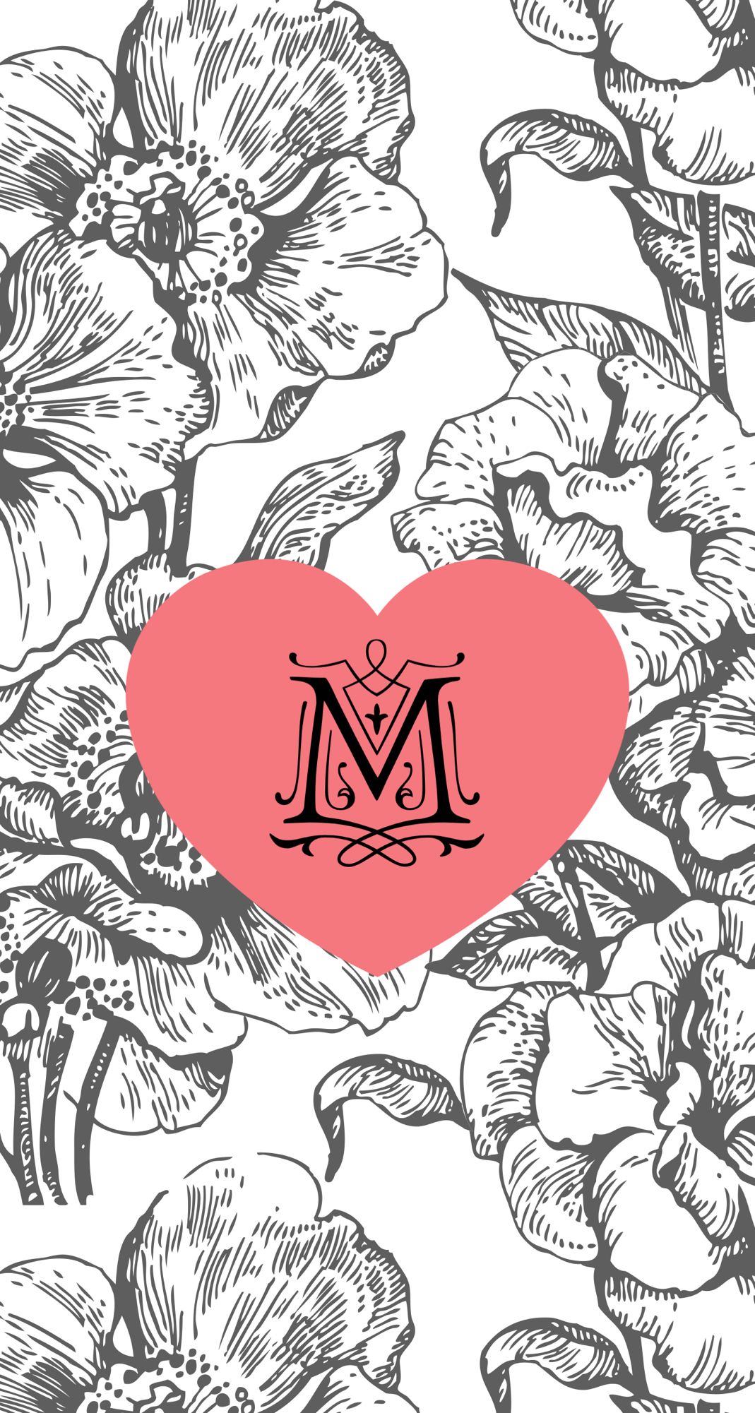 FLORAL AND HEART WITH THE MONOGRAM / LETTER M. iPhone wallpaper image, Monogram wallpaper, Alphabet wallpaper