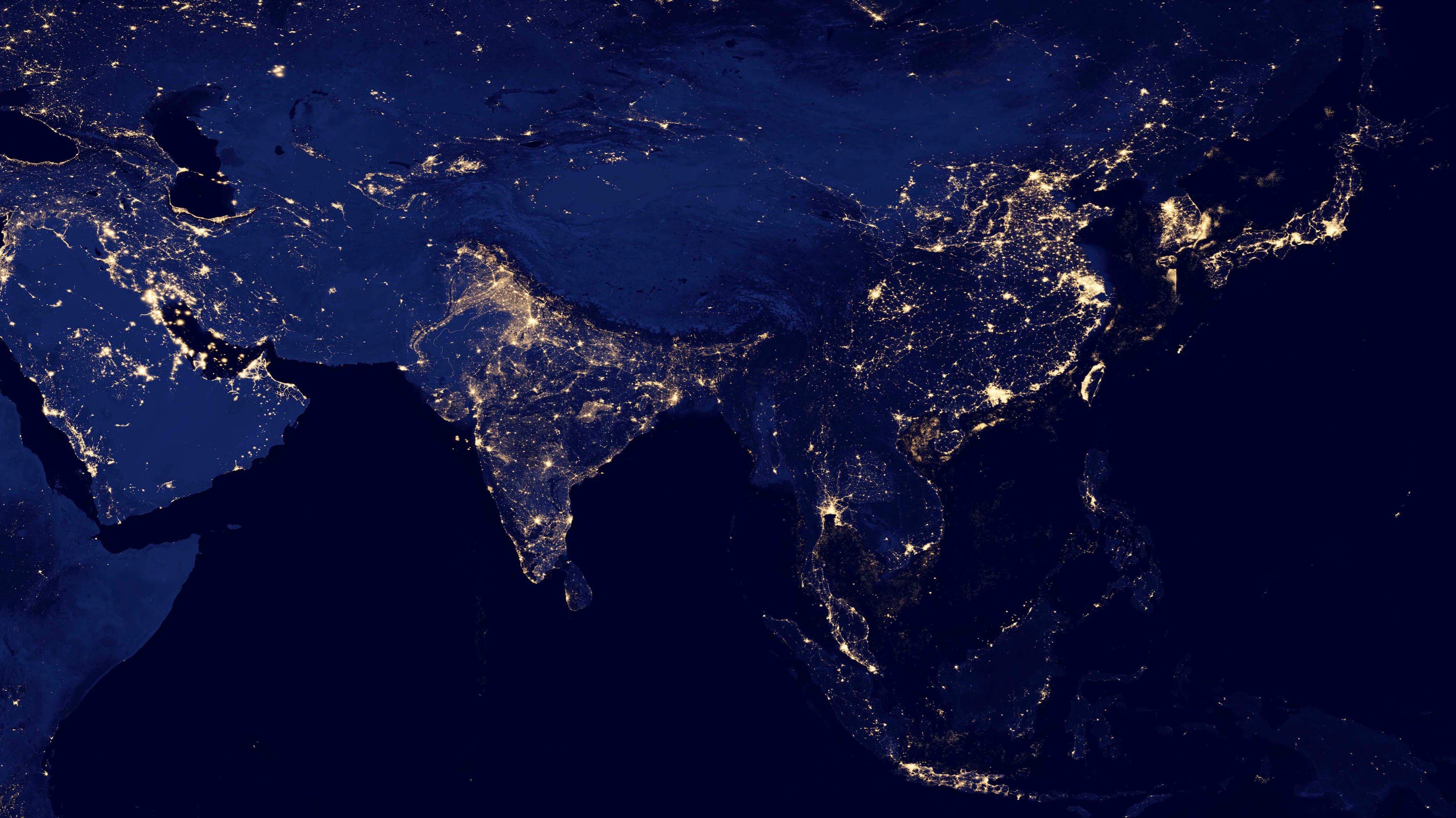 4K, Korean, India, Earth, continents, China, satellite imagery, Japan, Asia, night, world, city lights Gallery HD Wallpaper