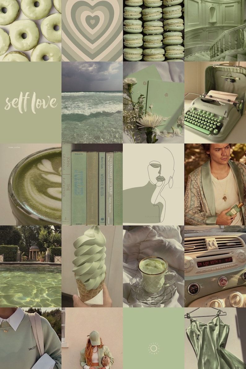Sage Green Collage Kit Sage Green White Aesthetic Wall. Wallpaper Bonitos, Papel De Parede Verde, Ideias Instagram