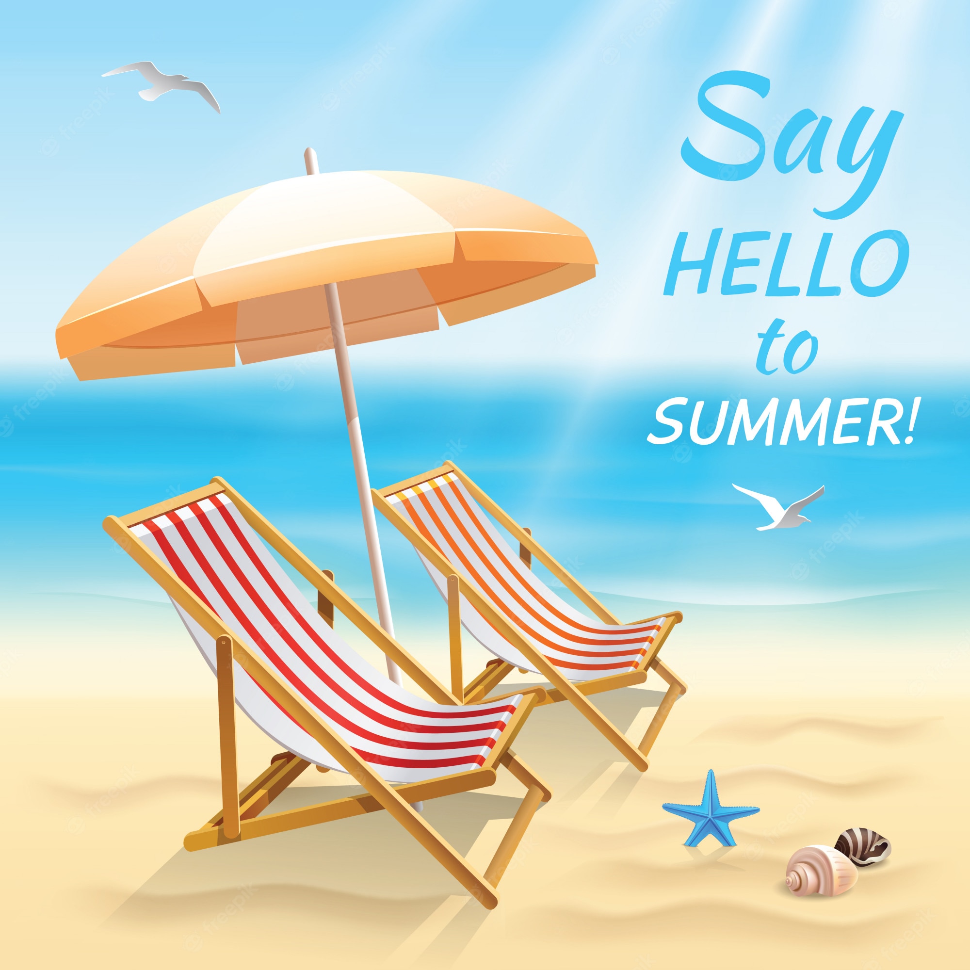 Free Vector. Summer holidays beach background say hello to summer wallpaper with sun chair and shade vector illustration