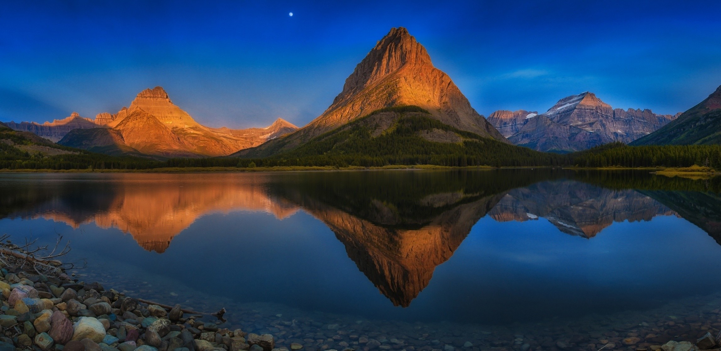 lake, Mountain, Reflection, Moon, Forest, Summer, Blue, Water, Stones, Glacier National Park, Montana, Nature, Landscape, Sunset Wallpaper HD / Desktop and Mobile Background