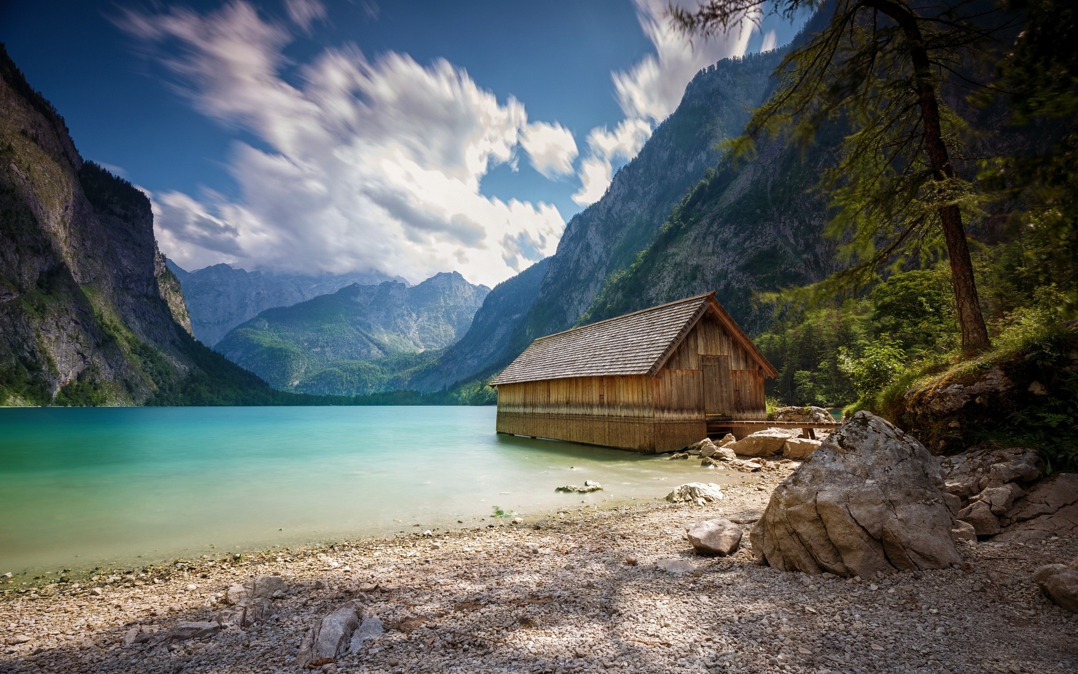 Wallpaper, trees, landscape, sea, lake, nature, clouds, beach, national park, summer, fjord, valley, wilderness, boathouses, Alps, vacation, Terrain, mountainous landforms, landform, geographical feature, mountain range, 2200x1375 px 2200x1375