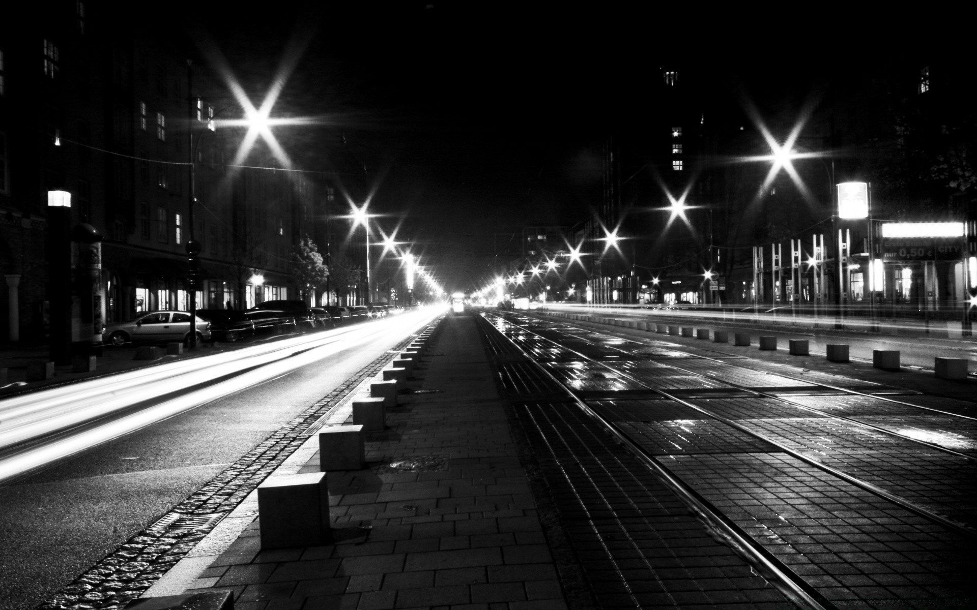 Monochrome road streets of the night city wallpaper