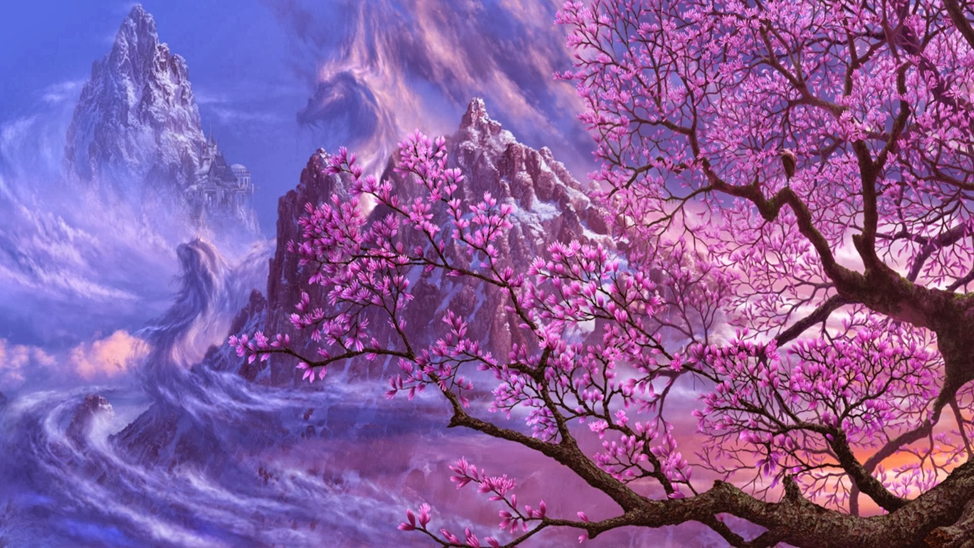 Wallpaper, fantasy art, branch, cherry blossom, flower, plant, 1920x1080 px 1920x1080