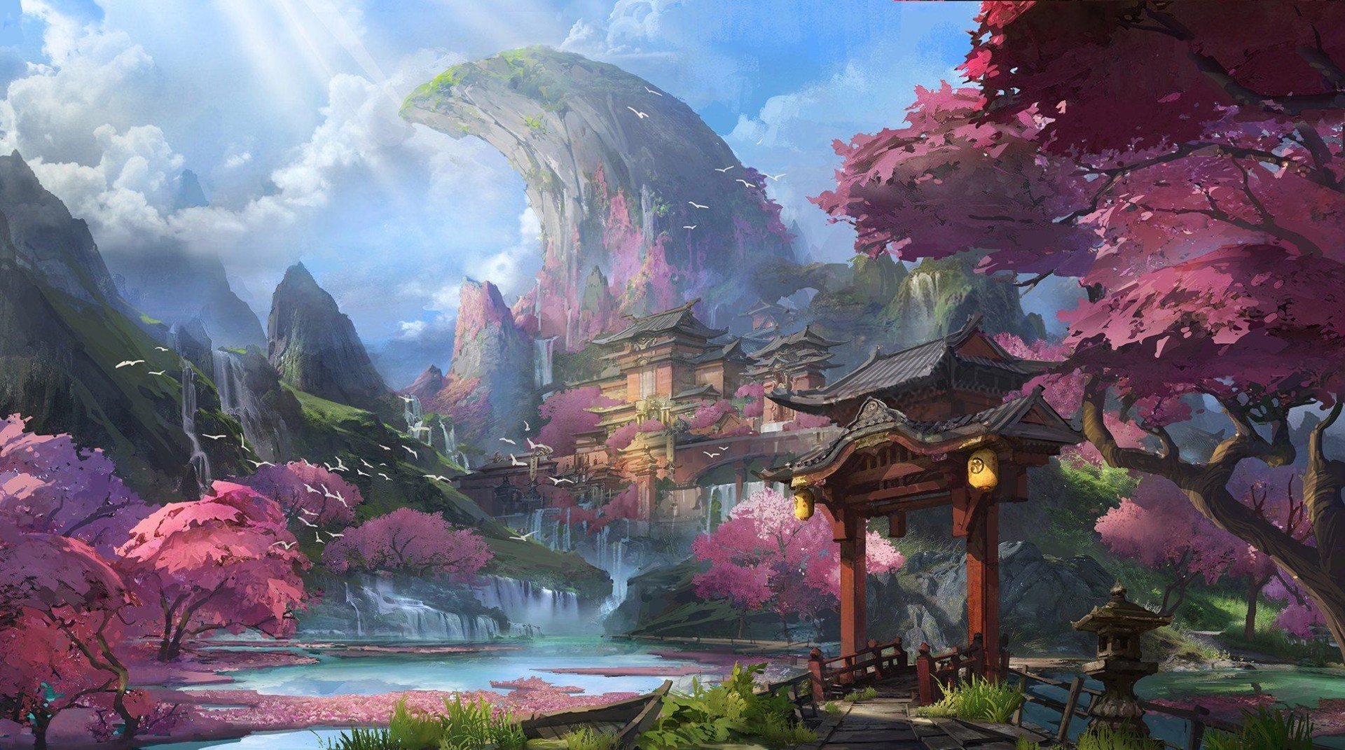 Wallpaper / artwork, fantasy art, Chinese architecture, mountains, cherry blossom, river free download