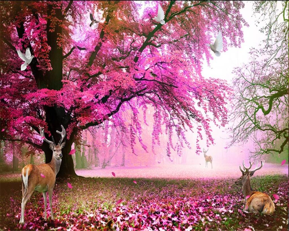 Custom Wallpaper Fantasy Cherry Tree Big Tree Sika Deer Tv Background Living Room Bedroom Home Decoration 3D Wallpaper