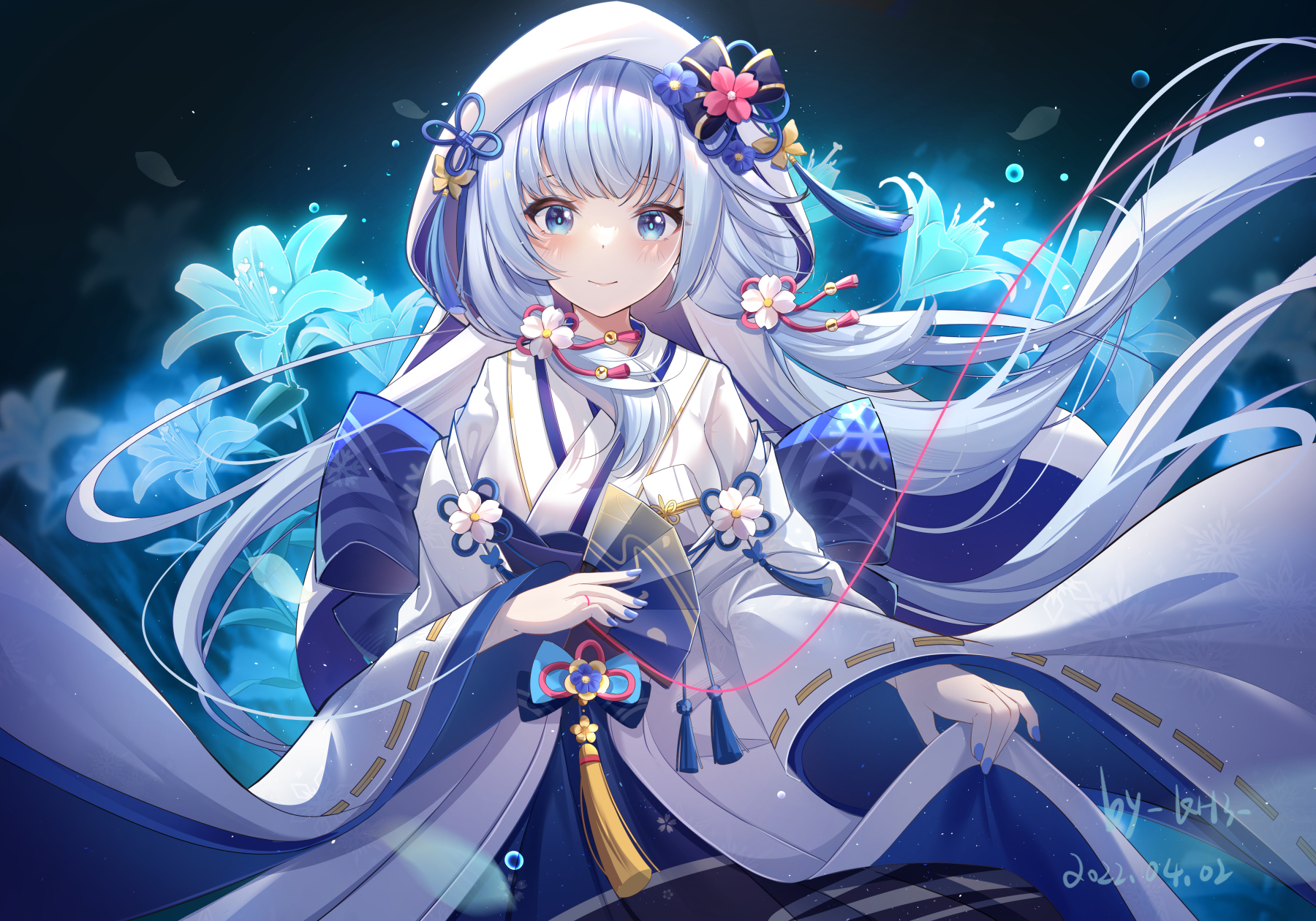 Wallpaper, anime girls, Genshin Impact, Kamisato Ayaka Genshin Impact, kimono, blue hair, blue eyes, flowers 1800x1260