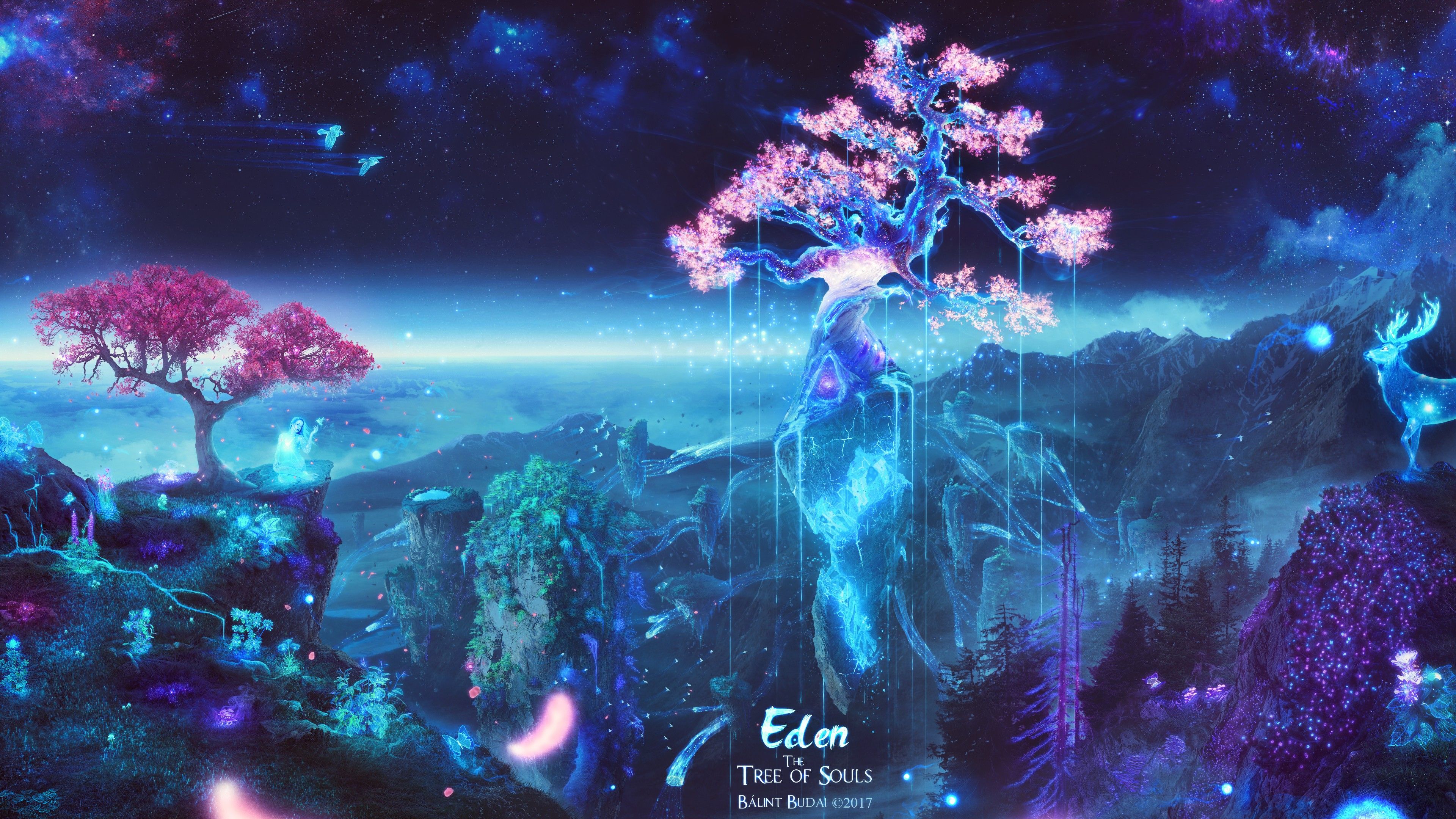 General 3840x2160 trees space galaxy souls sakura (tree) deer butterfly birds fantasy art Eden digital art natu. Tree HD wallpaper, Sakura tree, Tree illustration