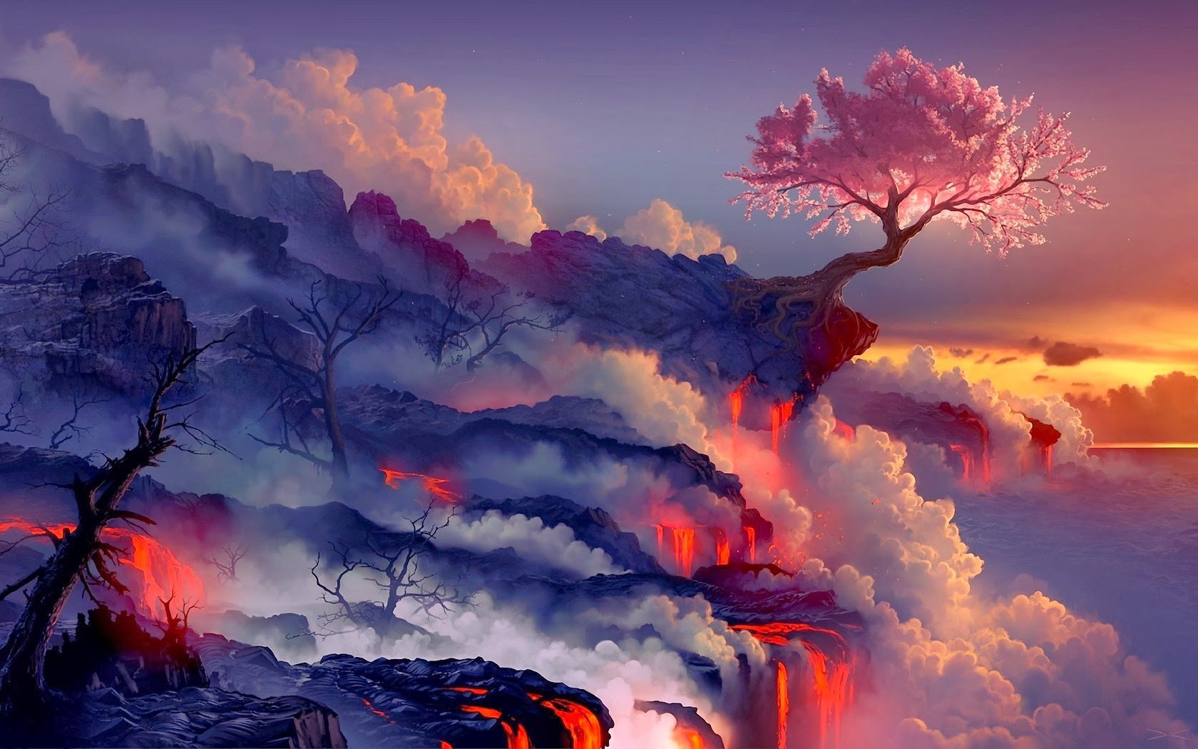 Wallpaper, landscape, fantasy art, sunset, sunrise, evening, cherry blossom, atmosphere, lava, dusk, cloud, dawn, atmospheric phenomenon, computer wallpaper, afterglow, geological phenomenon, red sky at morning 1680x1050
