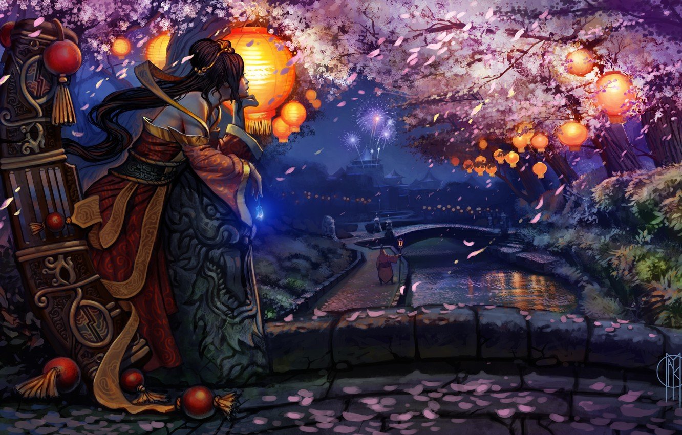 Wallpaper girl, fantasy, Asian, river, bridge, night, art, man, mood, fireworks, cherry blossom, digital art, artwork, fantasy art, lantern, kimono image for desktop, section арт