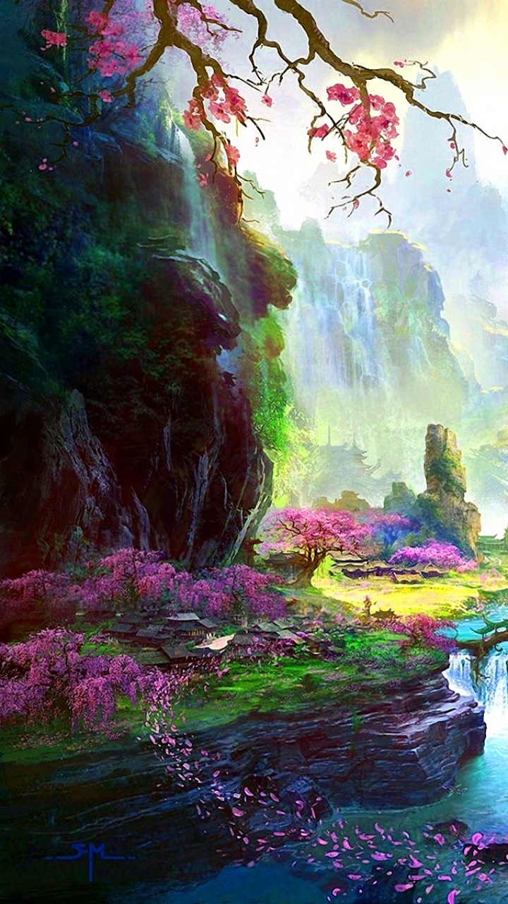 Wallpaper / Fantasy Oriental Phone Wallpaper, Petal, Landscape, Cherry Blossom, Flower, 720x1280 free download
