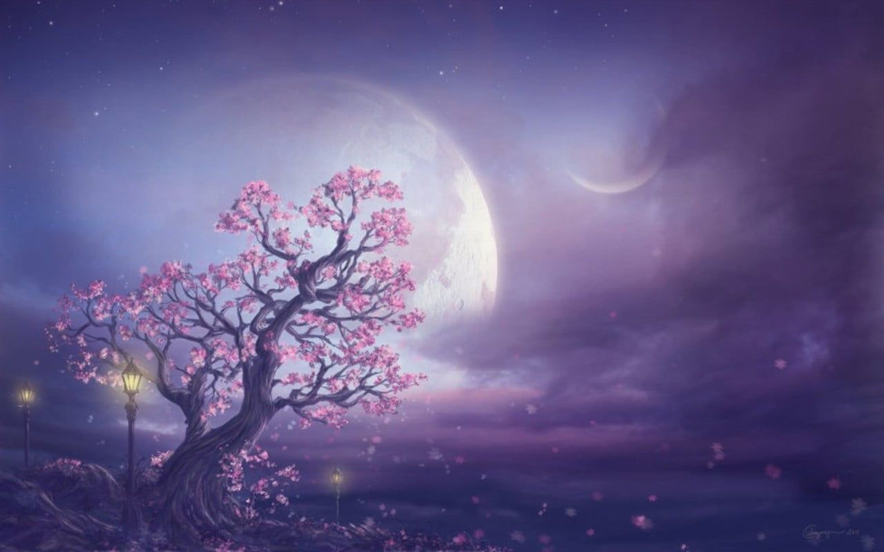 Pink Moon Fantasy Art, cherry blossoms painting Art And Creative # #tree #art #moon #painting P #wallpaper. Baum hintergrundbild, Kunst tapete, Lila tapeten