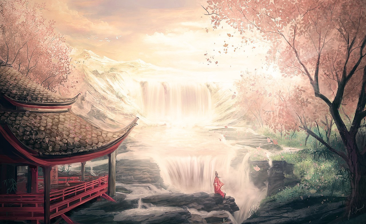 Japan, fantasy art, trees, cherry trees, water, Japanese Garden Gallery HD Wallpaper