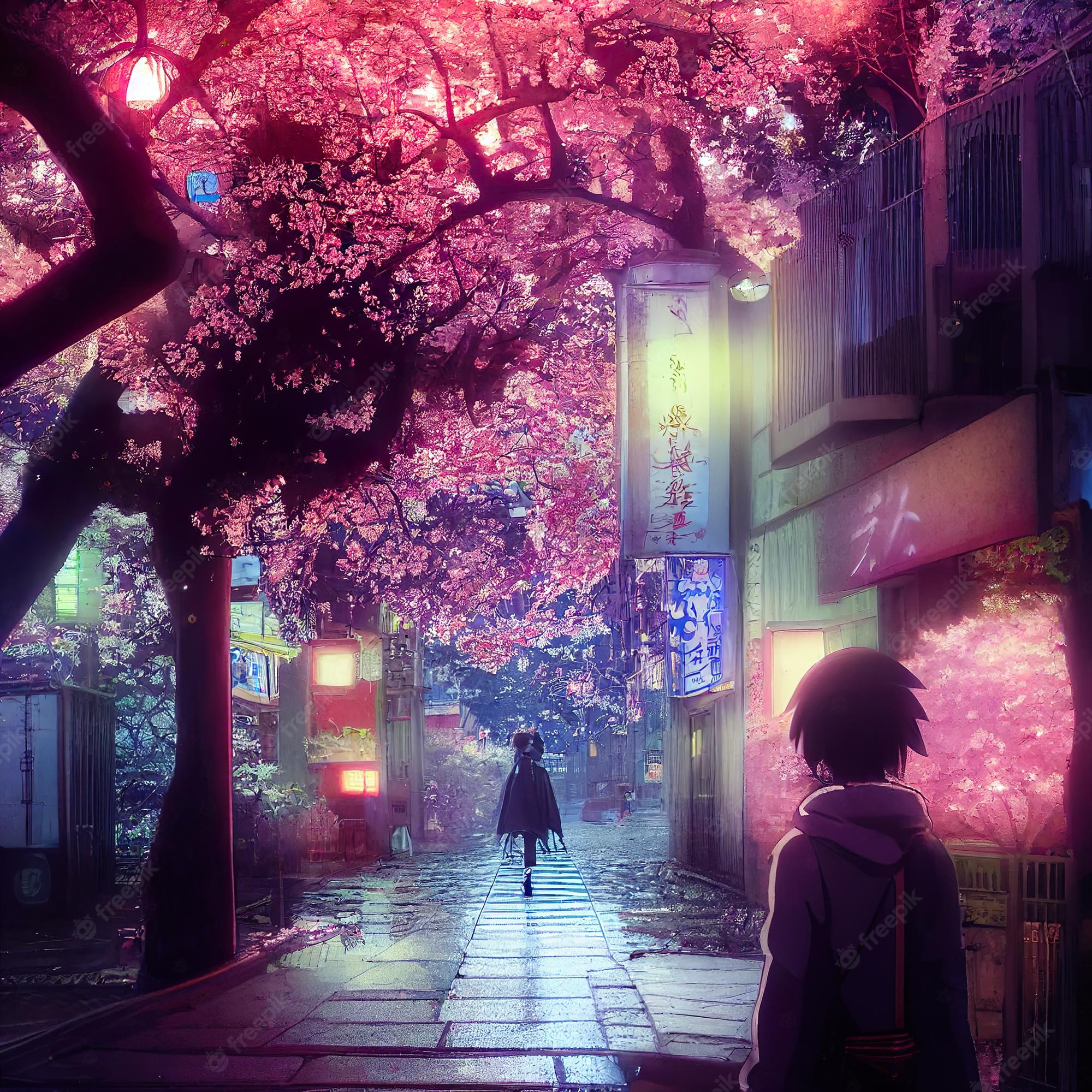 Premium Photo. Walking street sakura flowers cherry blossom fantasy tokyo city japan anime manga background