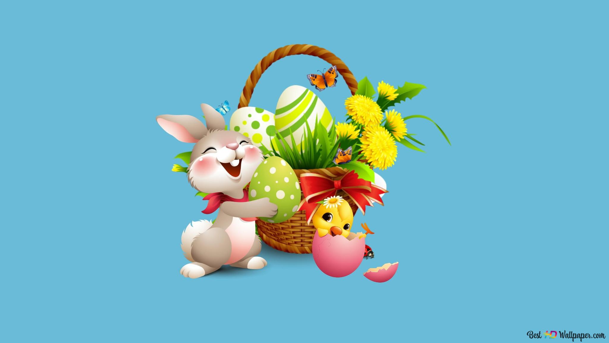 Happy Easter day cartoon and flowers 2K wallpaper download