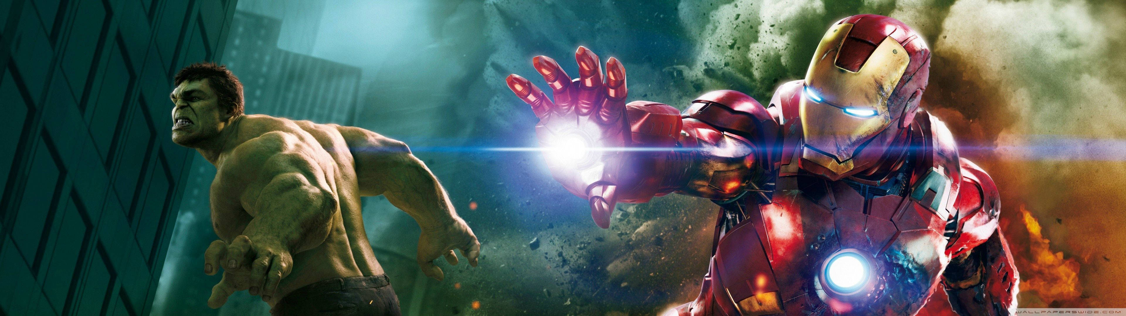 Download Marvel Dual Screen Hulk Iron Man Wallpaper