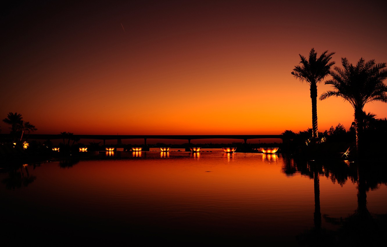 Wallpaper water, light, sunset, night, orange, the city, reflection, palm trees, black, the evening, Dubai image for desktop, section город