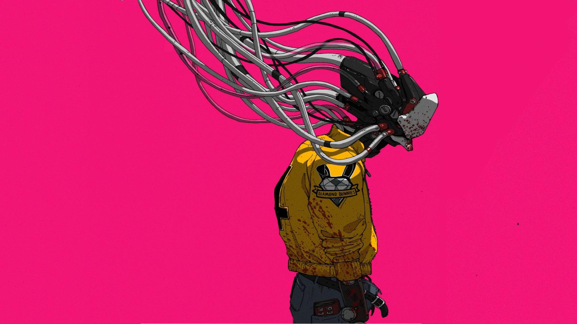 Cyborg Cyberpunk in Pink Plain Background [1920 x 1080]