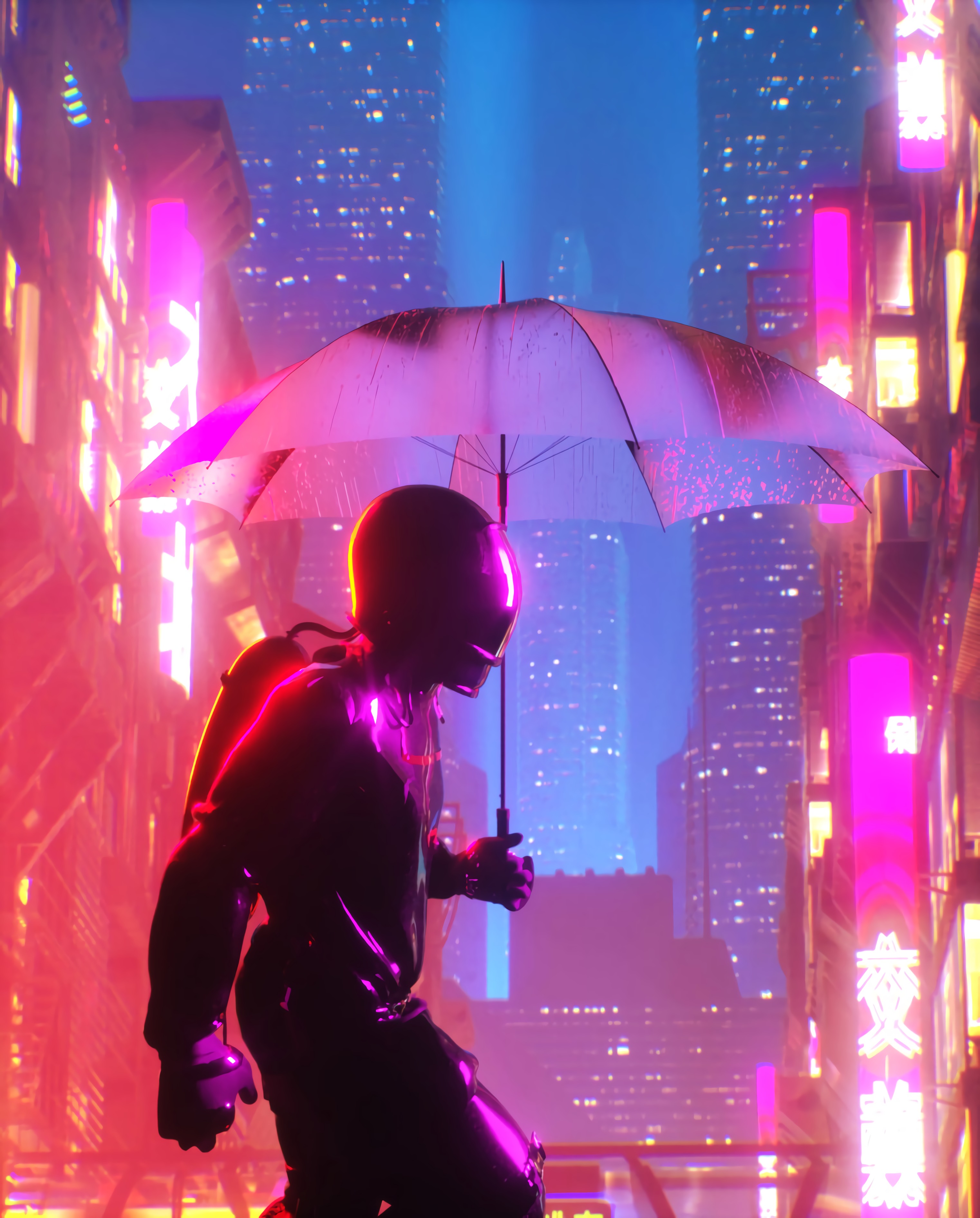 Download wallpaper 3044x3784 cyborg, umbrella, neon, cyberpunk, city, buildings, glow HD background
