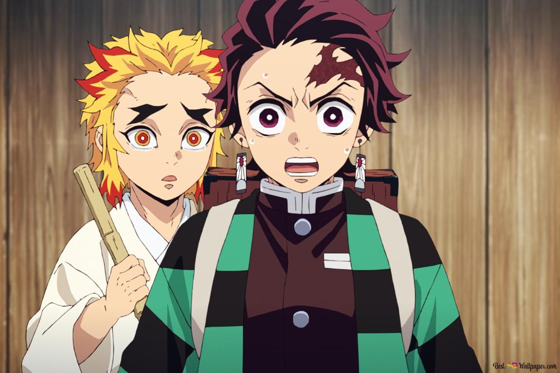 Demon slayer: kyojuro rengoku confused tanjiro kamado pissed off 4K wallpaper download