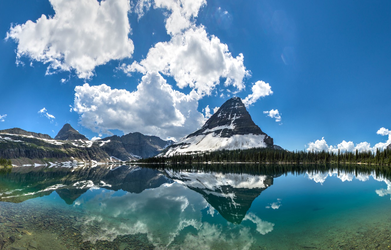 Wallpaper clouds, mountains, lake, reflection, panorama, Montana, Glacier National Park, Rocky mountains, Montana, Glacier national Park, Rocky Mountains, Hidden Lake, lake hidden image for desktop, section пейзажи