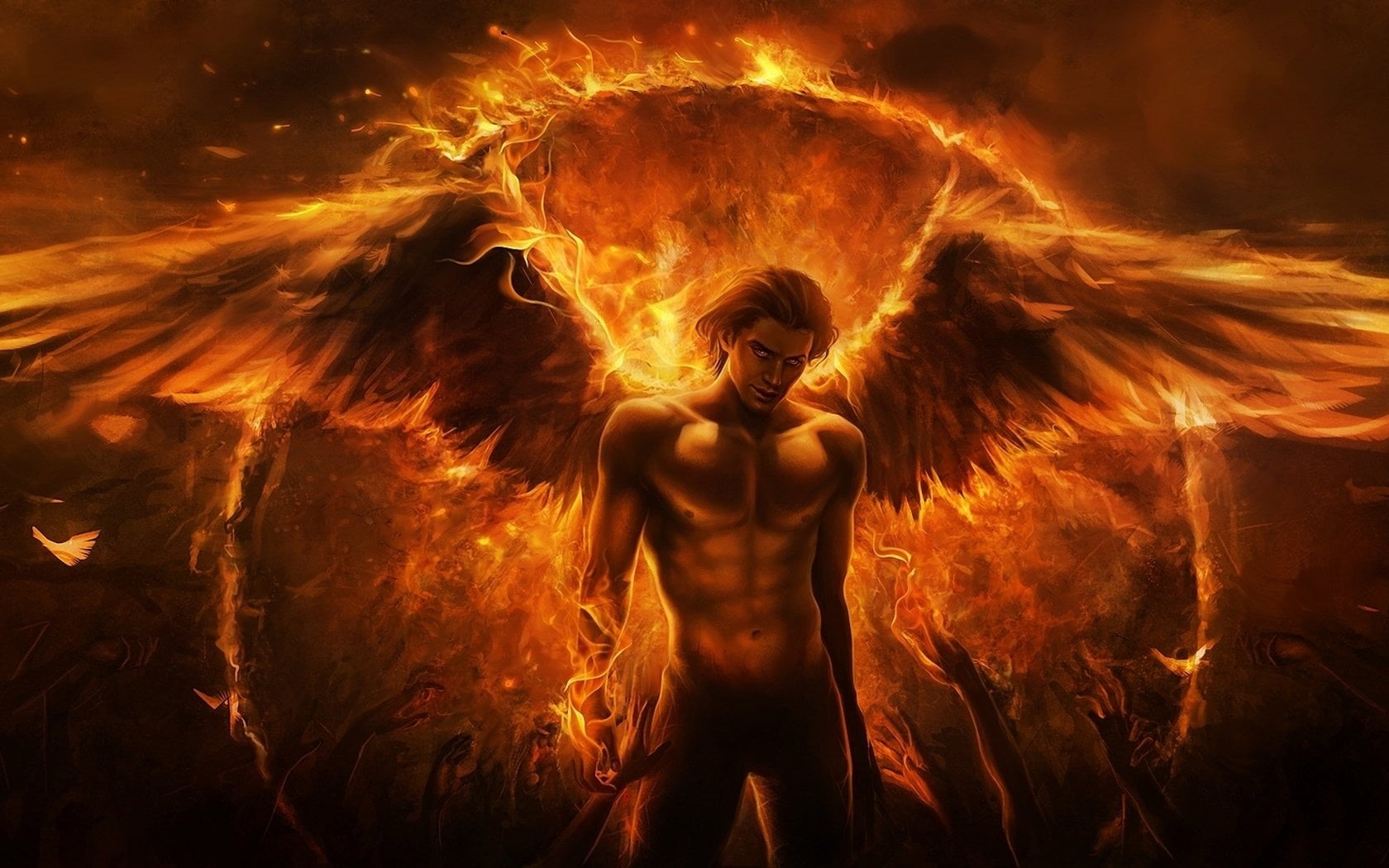 Wallpaper / communication, Dark, black background, front view, people, lucifer, Warrior, fire phenomenon, demon character, burning, motion, Angel free download