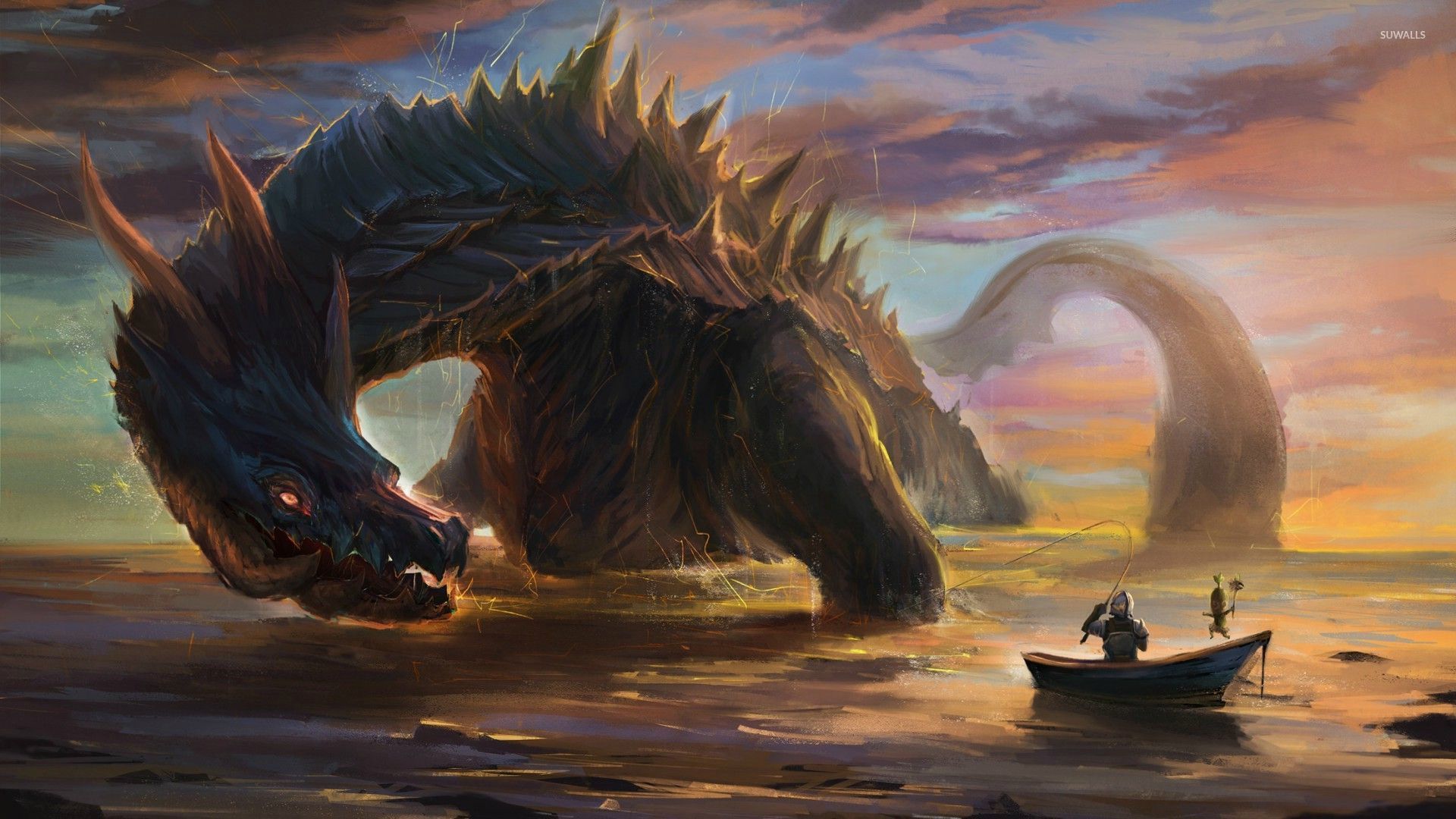 Warrior in a small boat fishing the giant dragon wallpaper. Fantasy monster, Monster hunter art, Fantasy art