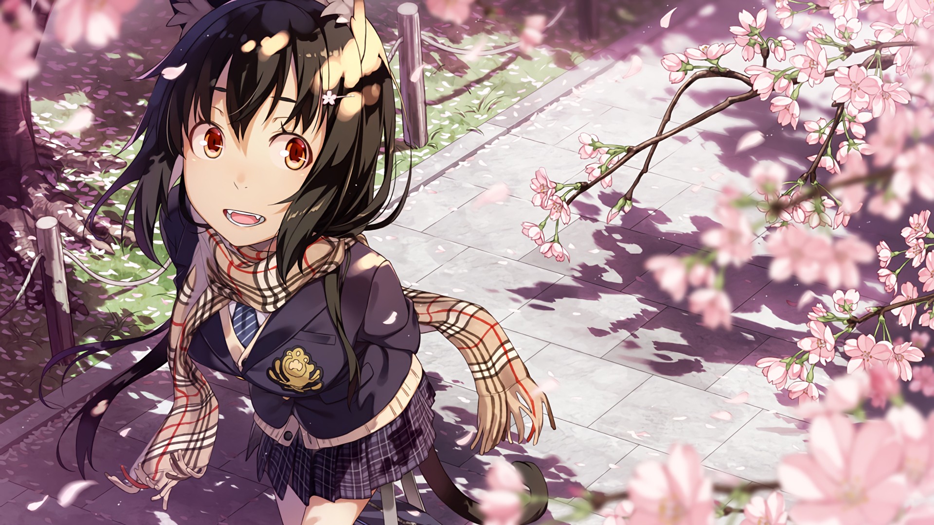 Wallpaper, anime, animal ears, school uniform, original characters, cherry blossom, scarf, fangs, spring, clothing, flower, costume 1920x1080