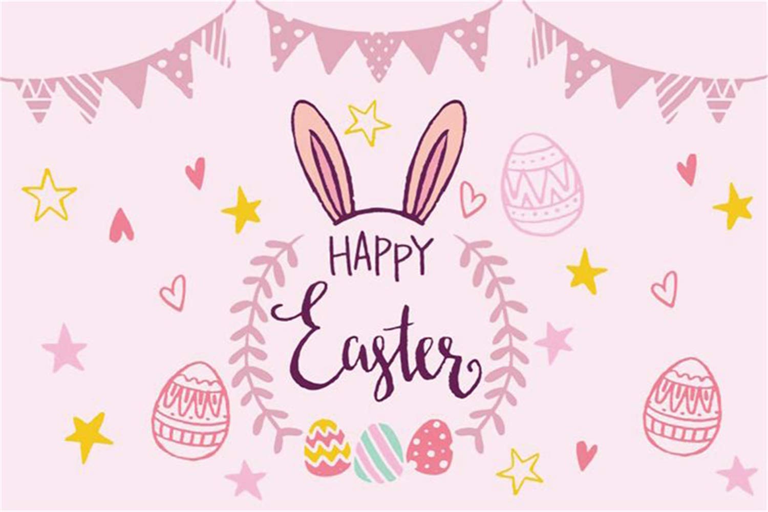 Amazon.com, Laeacco 5x3ft Vinyl Cartoon Happy Easter Day Background Bunting Cute Rabbit Ear Easter Eggs Red Hearts Golden Stars Pink Backdrops Children Girls Newborn Baby Portait Shoot Greeting Card Wallpaper