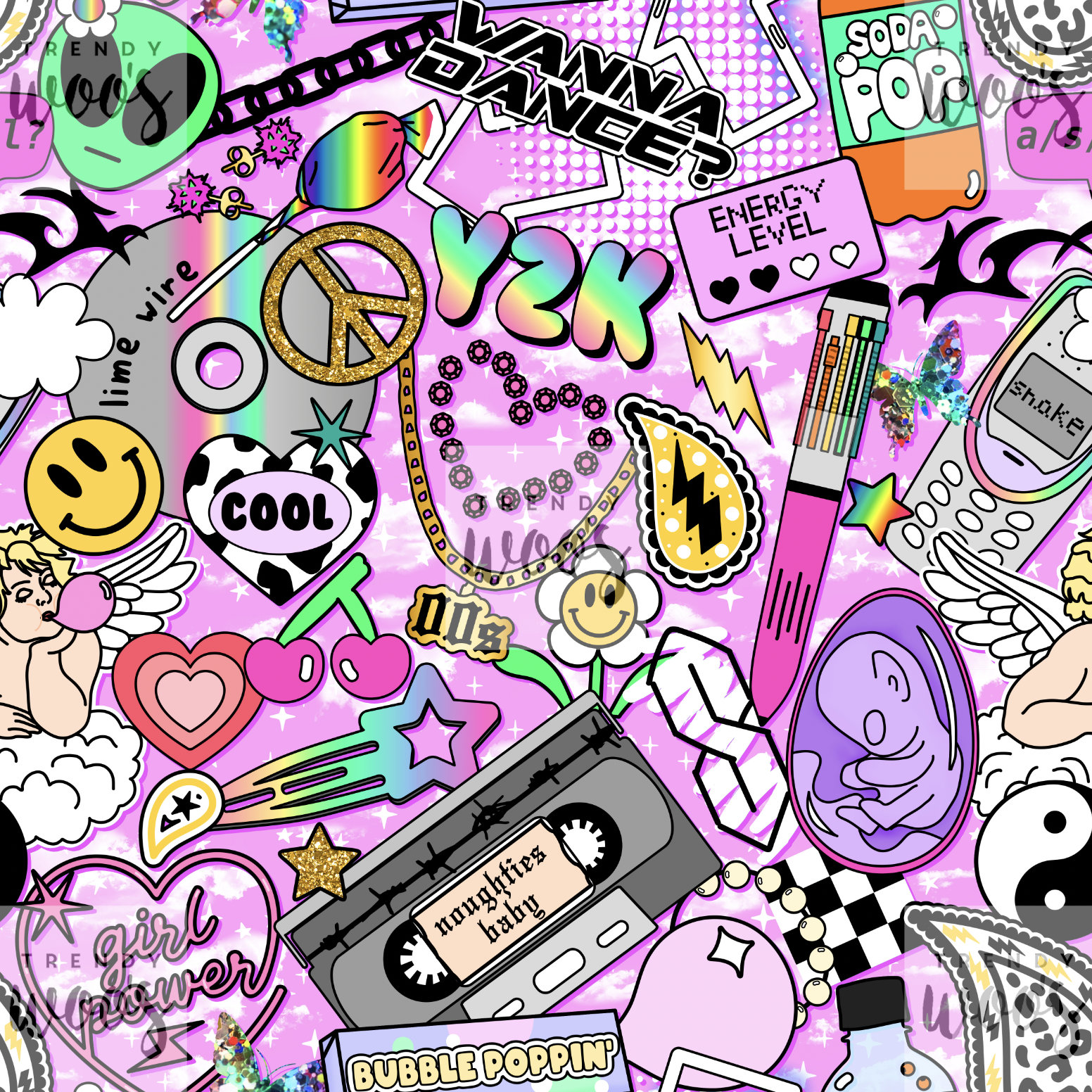 Y2K Aesthetic Retro 90s 00s Pink Girls Seamless Pattern / Fabric Design / Surface Pattern / Digital Paper / Digital Pattern