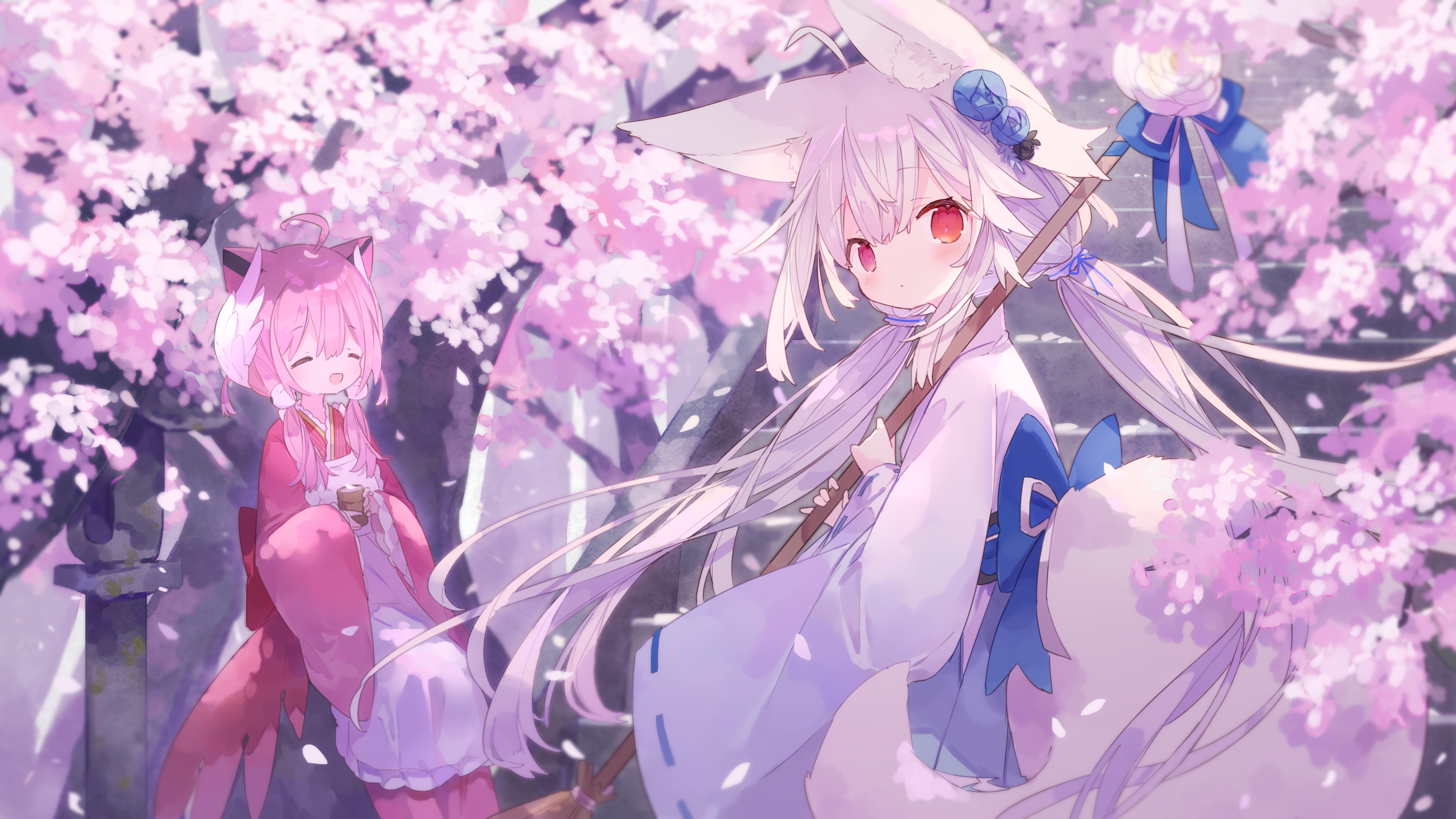 Girl HD, Long Hair, Kimono, Animal Ears, Cherry Blossom, Red Eyes Gallery HD Wallpaper
