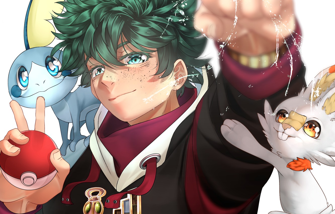 Wallpaper Playing, Boku no Hero Academy, Pokémon, My Hero Academia, Izuku Midoriya, Bro Fist, Pokémon Sword & Shield, Scorbunny, Smile (.Flow), .flow, Sobble, Grookey, Yourdrawingpineapple image for desktop, section сёнэн