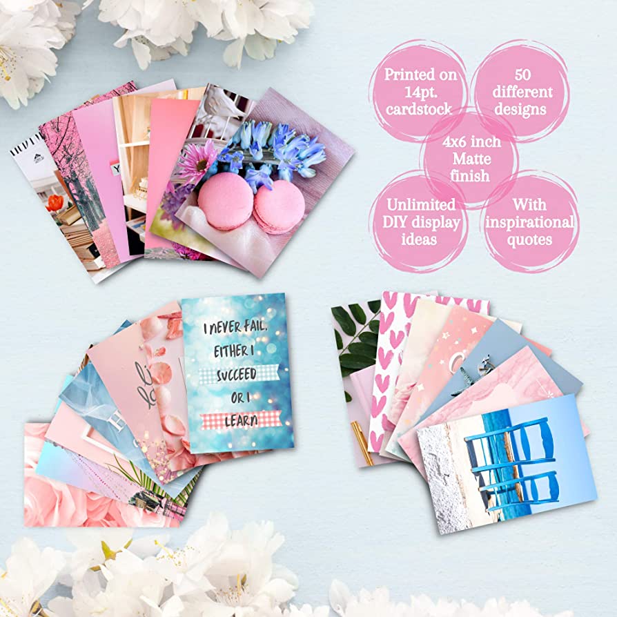 Koozto Wall Collage Kit, 50pcs 4x6 inches Pink and Blue Photo Prints, Cute Aesthetic Picture for Dorm College Wall Art Decorations, Trendy TikTok Room Decor Wallpaper for Teen Girl Bedroom, Pink, Blue