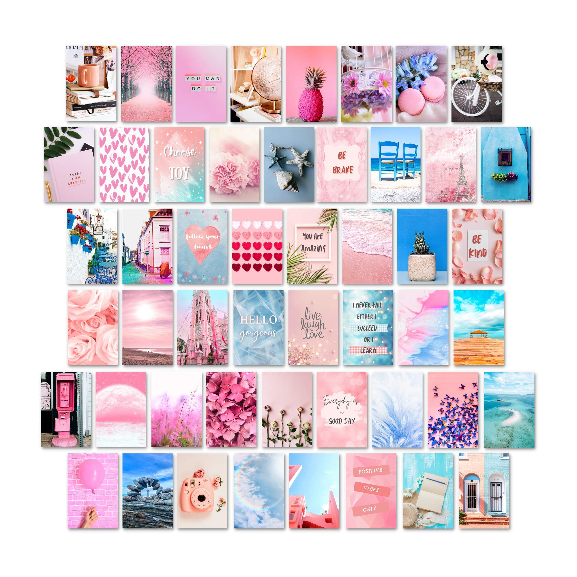 Koozto Wall Collage Kit, 50pcs 4x6 inches Pink and Blue Photo Prints, Cute Aesthetic Picture for Dorm College Wall Art Decorations, Trendy TikTok Room Decor Wallpaper for Teen Girl Bedroom, Pink, Blue
